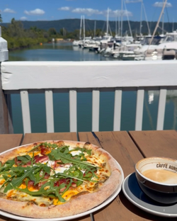 Hemingway's Breakfast pizza and coffee at the Marina